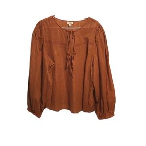 a.n.a Brownish Orange Balloon Sleeves Front Ties Lace Metalic Thread Blouse 2X
